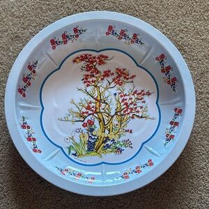 Floral Decorative Metal Bowl with Blue and Red Accents